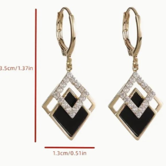Black and Gold Rhombus Earrings with Rhinestones - Picture 6 of 6
